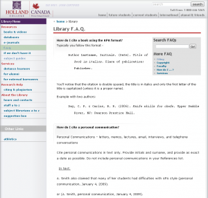 Holland College (FAQ) http://www.hollandcollege.com/library/subject_guides.php