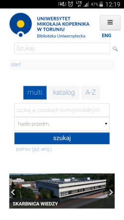 Mobilny widok strony głównej wraz z "serachbox" oraz karuzelę