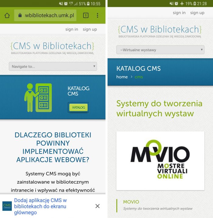Z lewej strony możliwość dodania ikonki PWA "CMS w bibliotekach" do ekranu głównego urządzenia mobilnego | Po prawej aplikacja w specjalnym widoku (dostępna offline)