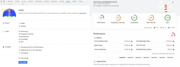 Z lewej strony Lighthouse wbudowane w DevTools | Z prawej raport Lighthouse dla strony głównej serwisu CMS w bibliotekach z domyślnym dławieniem sieci i czyszczeniem pamięci