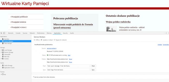 Debugowanie i testowanie pliku Service worker odbywa się w zakładce Application w DevTools