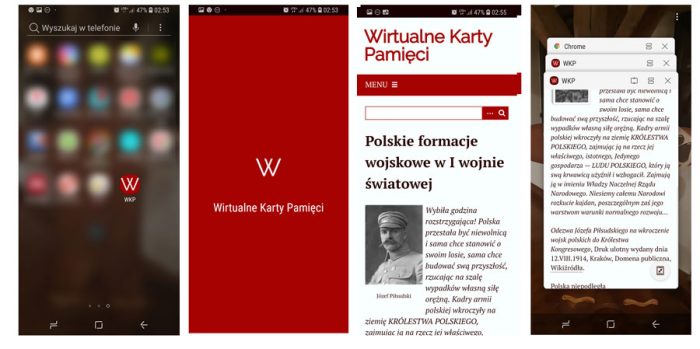 Różne widoki PWA "Wirtualne Karty Pamięci" oraz dostępność na ekranie urządzenia i w przełączniku zadań